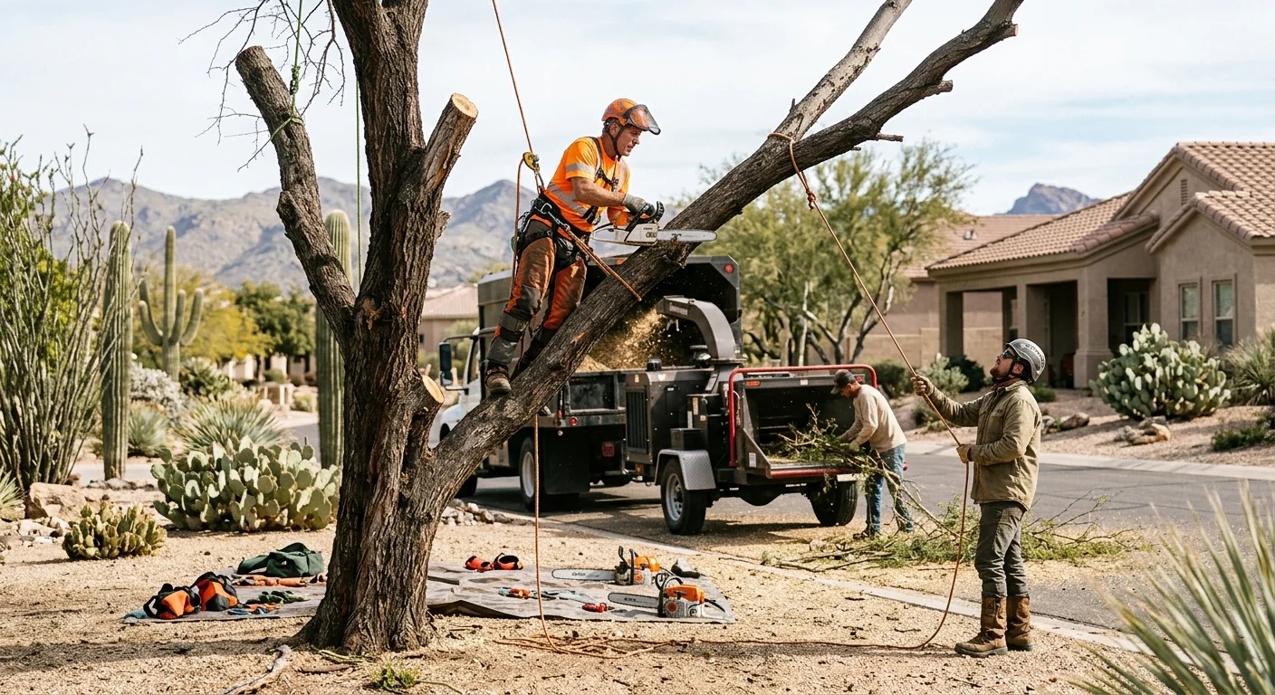 Crew clearing dense desert brush from a residential lot in Fountain Hills