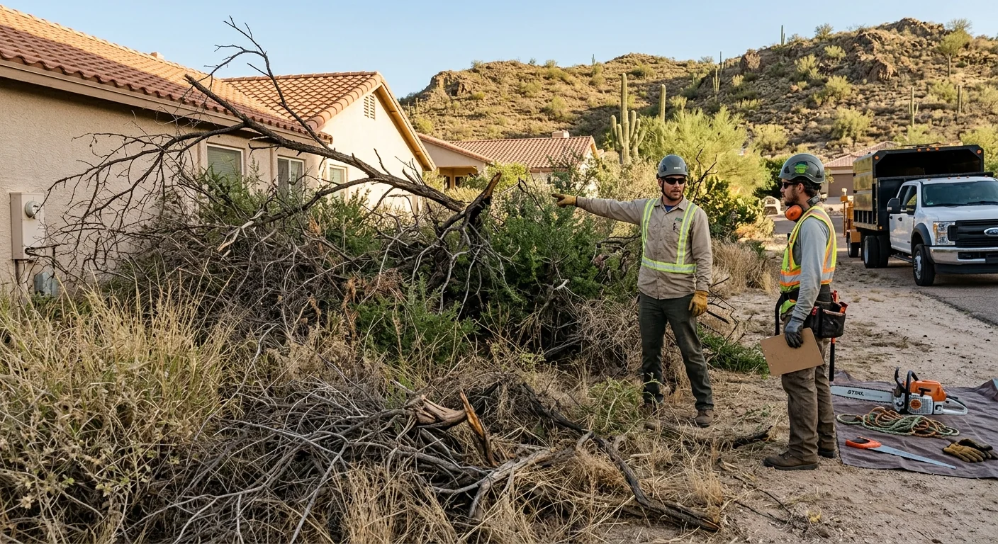 Overgrown desert lot in Fountain Hills before brush removal crews begin clearing