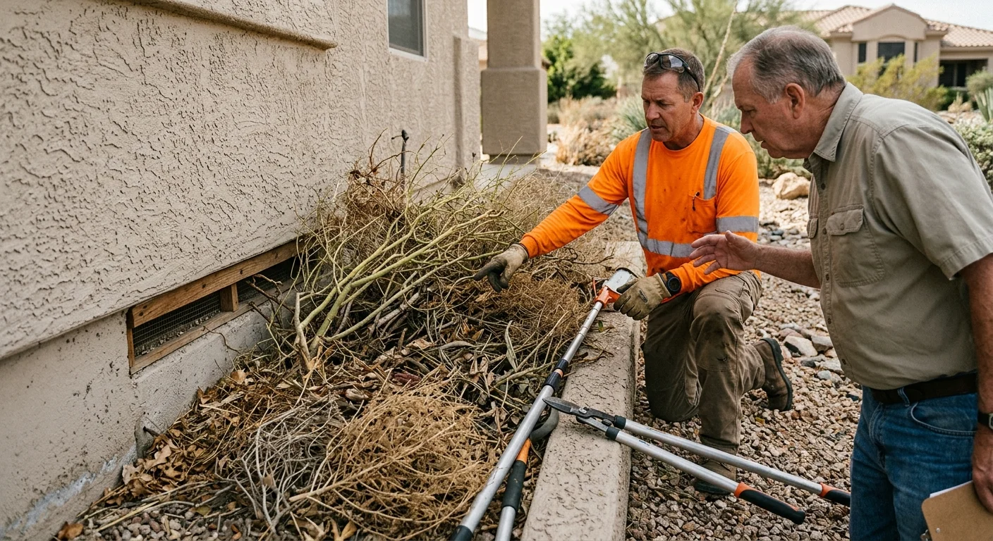 Close-up of dense dead undergrowth and accumulated fuel load near a home foundation