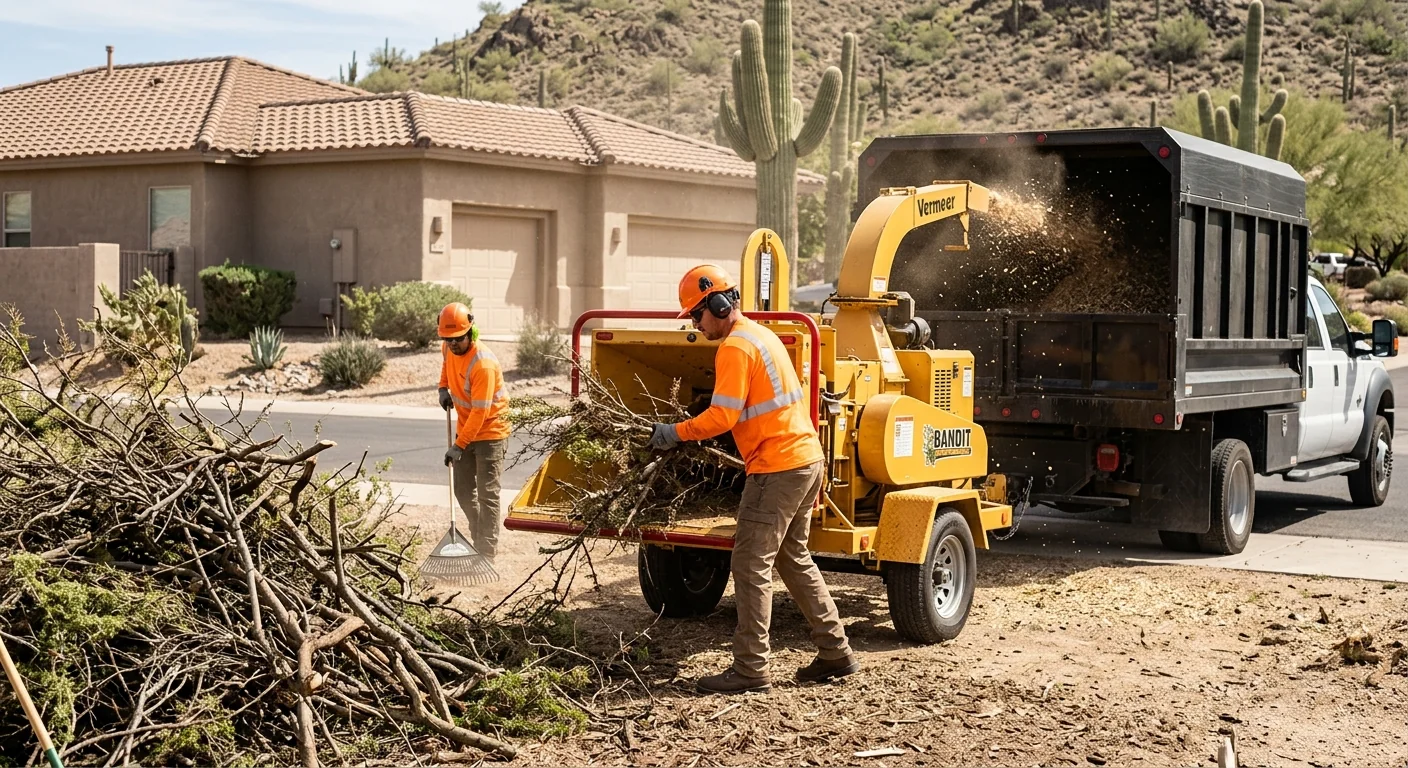 Wood chipper processing cleared brush into mulch on a residential property