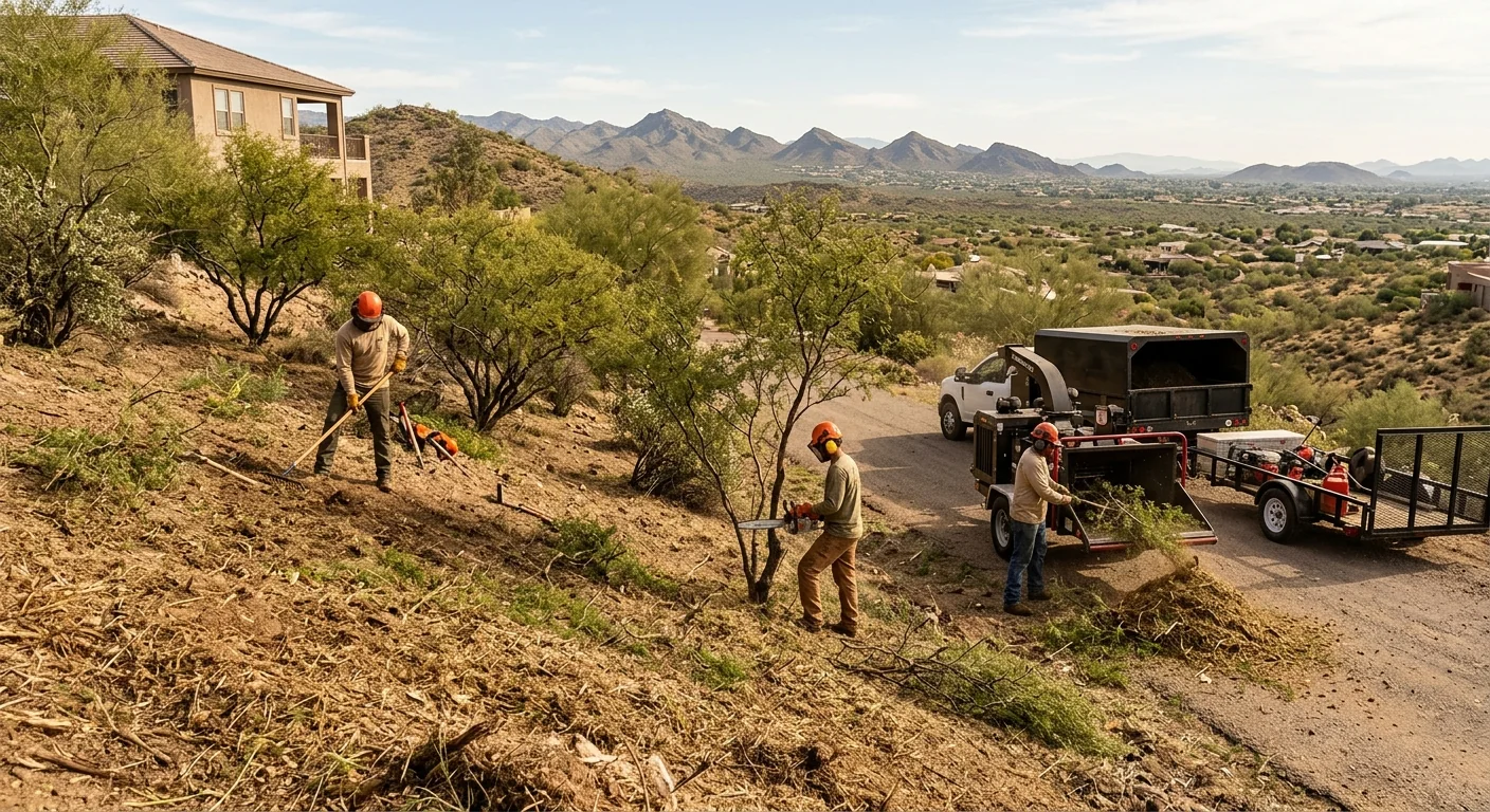 Wide view of a cleared hillside parcel showing restored defensible space