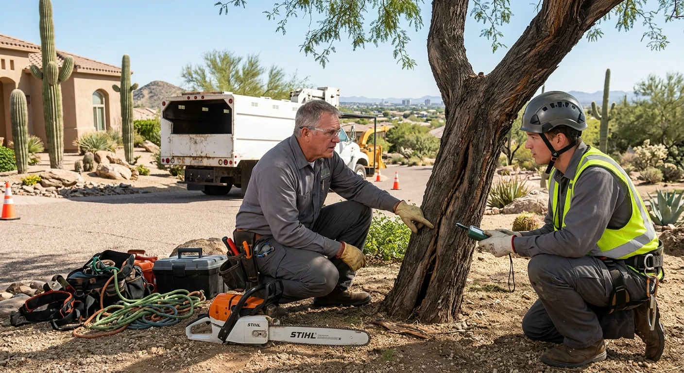 Crane lifting a large tree section over a Fountain Hills home during removal