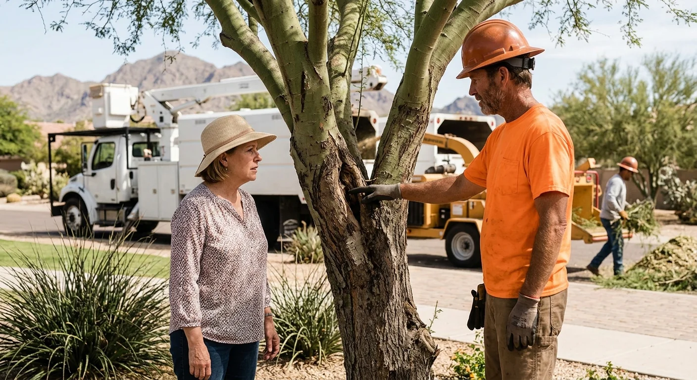 Leaning storm-damaged tree overhanging a roofline in a Fountain Hills neighborhood