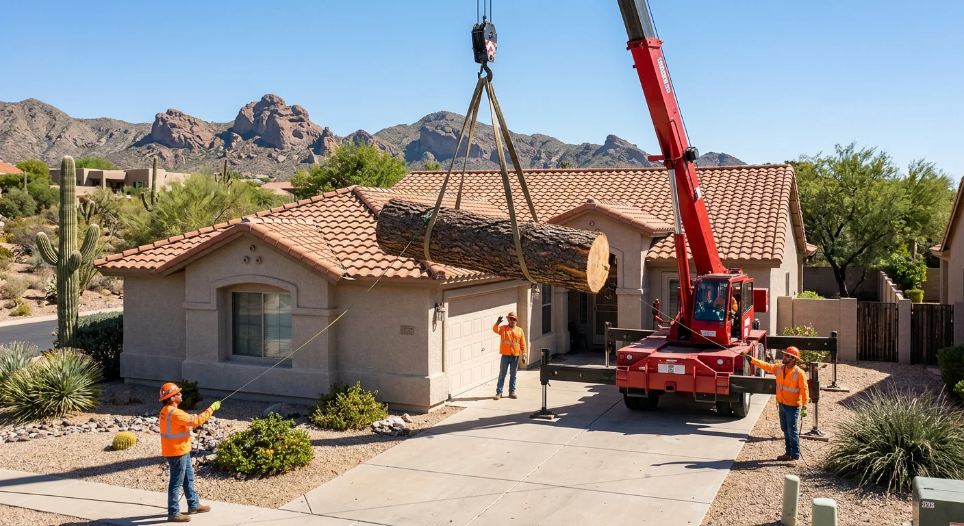 Crane lifting a sectioned tree trunk over a Fountain Hills rooftop safely