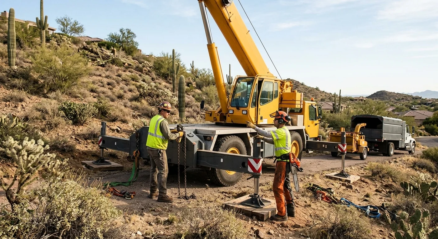 Wide view of a crane positioned on a hillside desert lot before removal