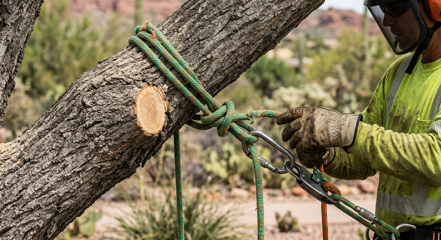 Close-up of rigging straps secured around a large limb for a controlled lift
