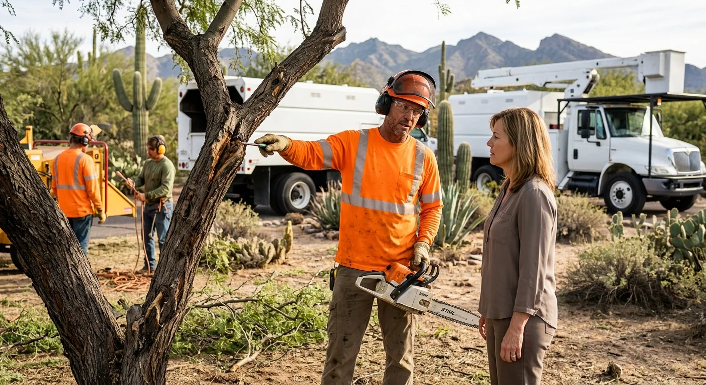 Crane operator removing a hazardous tree near a Fountain Hills home