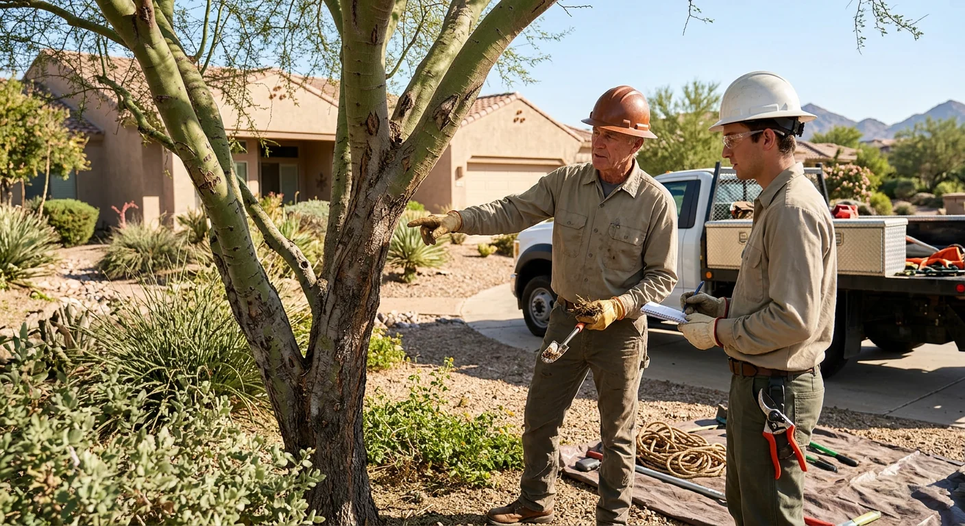 Ground crew processing tree sections after a crane removal