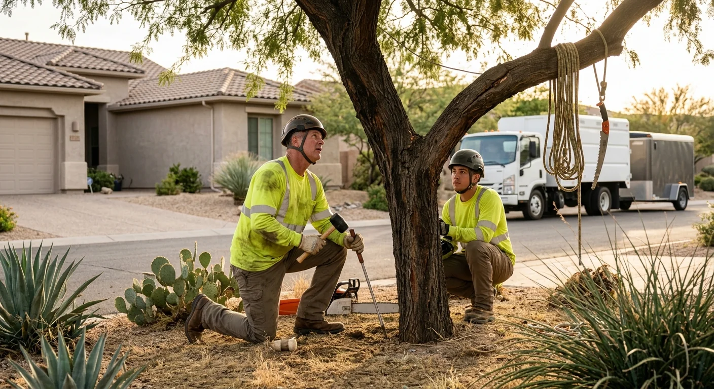 Arborist assessing a storm-damaged tree near a Fountain Hills home before removal
