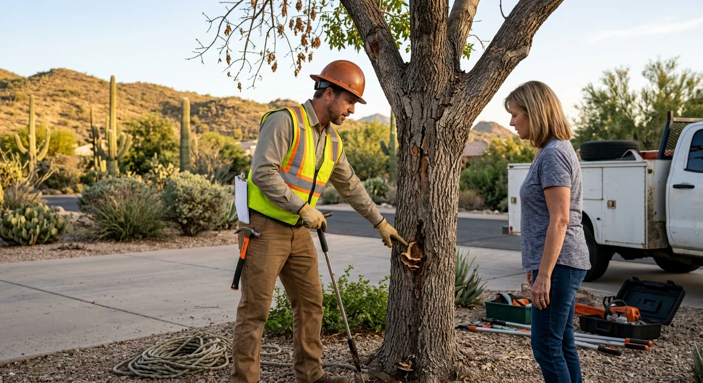 Arborist clearing a storm-damaged tree from a Fountain Hills residential yard