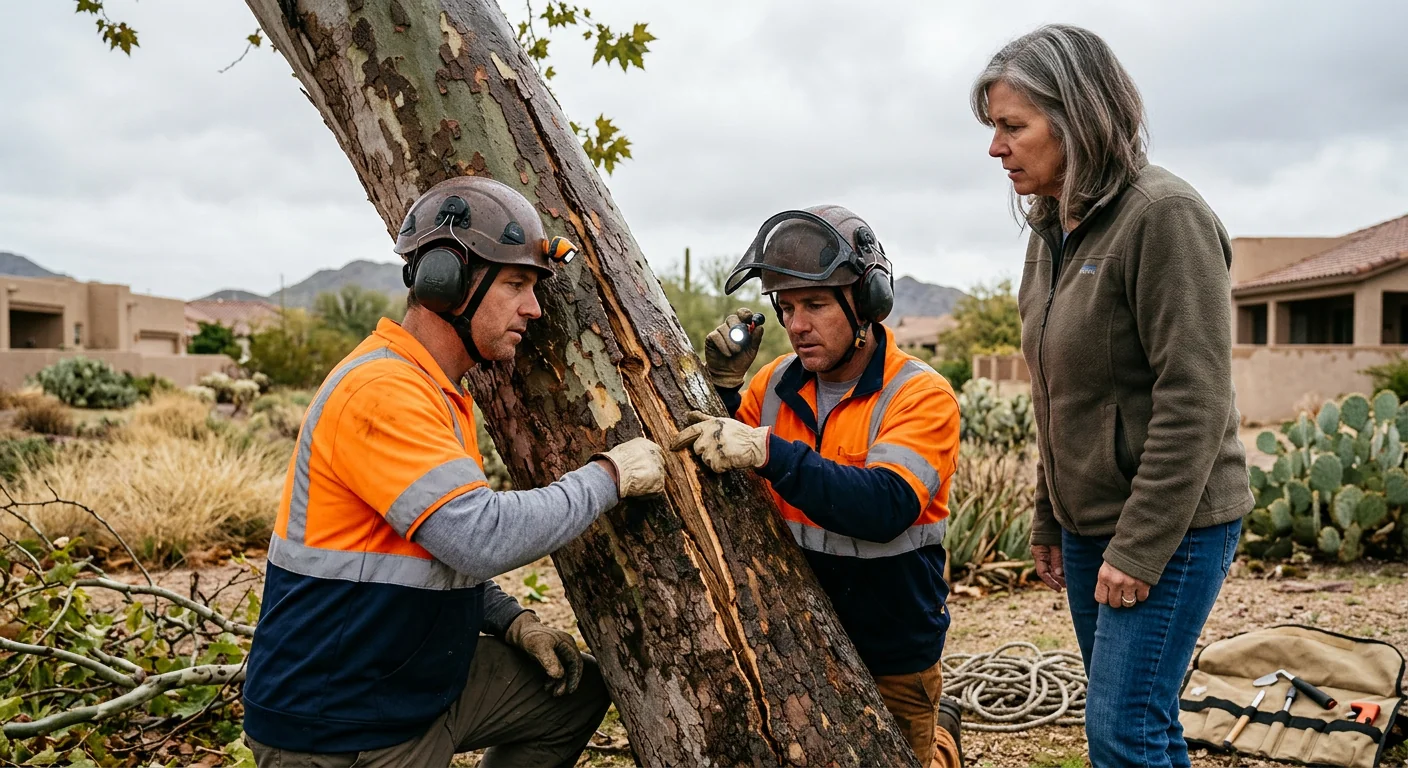 Arborist inspecting a cracked leaning tree trunk after a storm in Fountain Hills