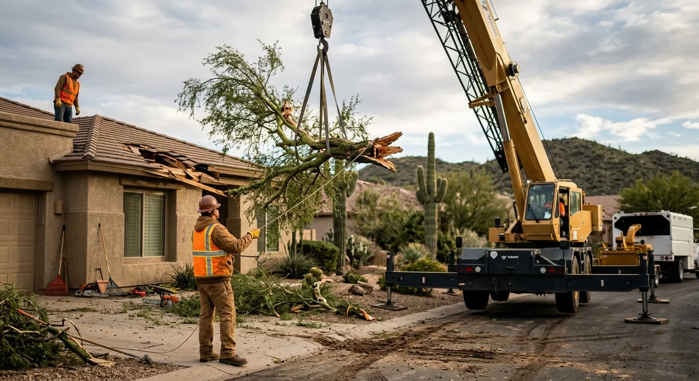 Crane lifting a large fallen tree section away from a damaged rooftop