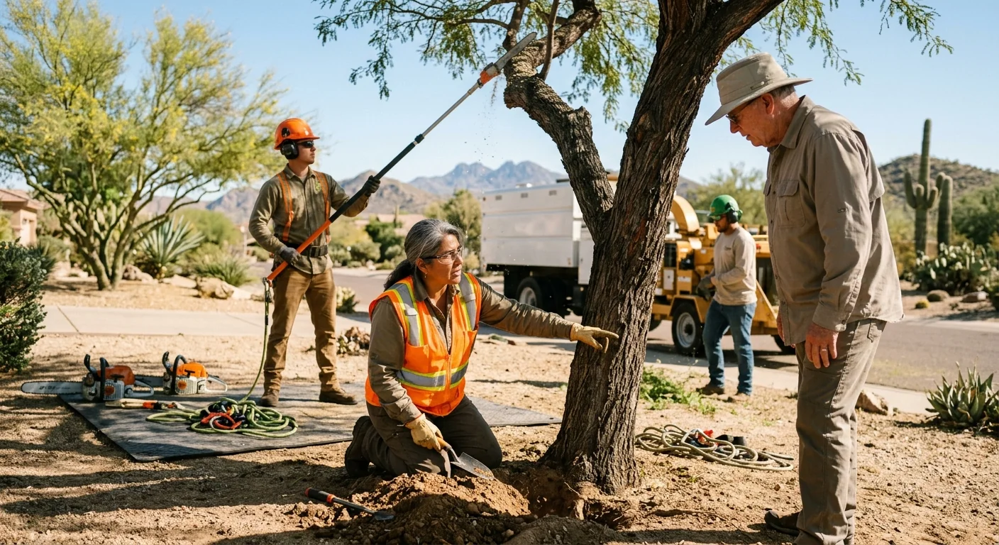 Crew safely removing a fallen tree from a Fountain Hills backyard