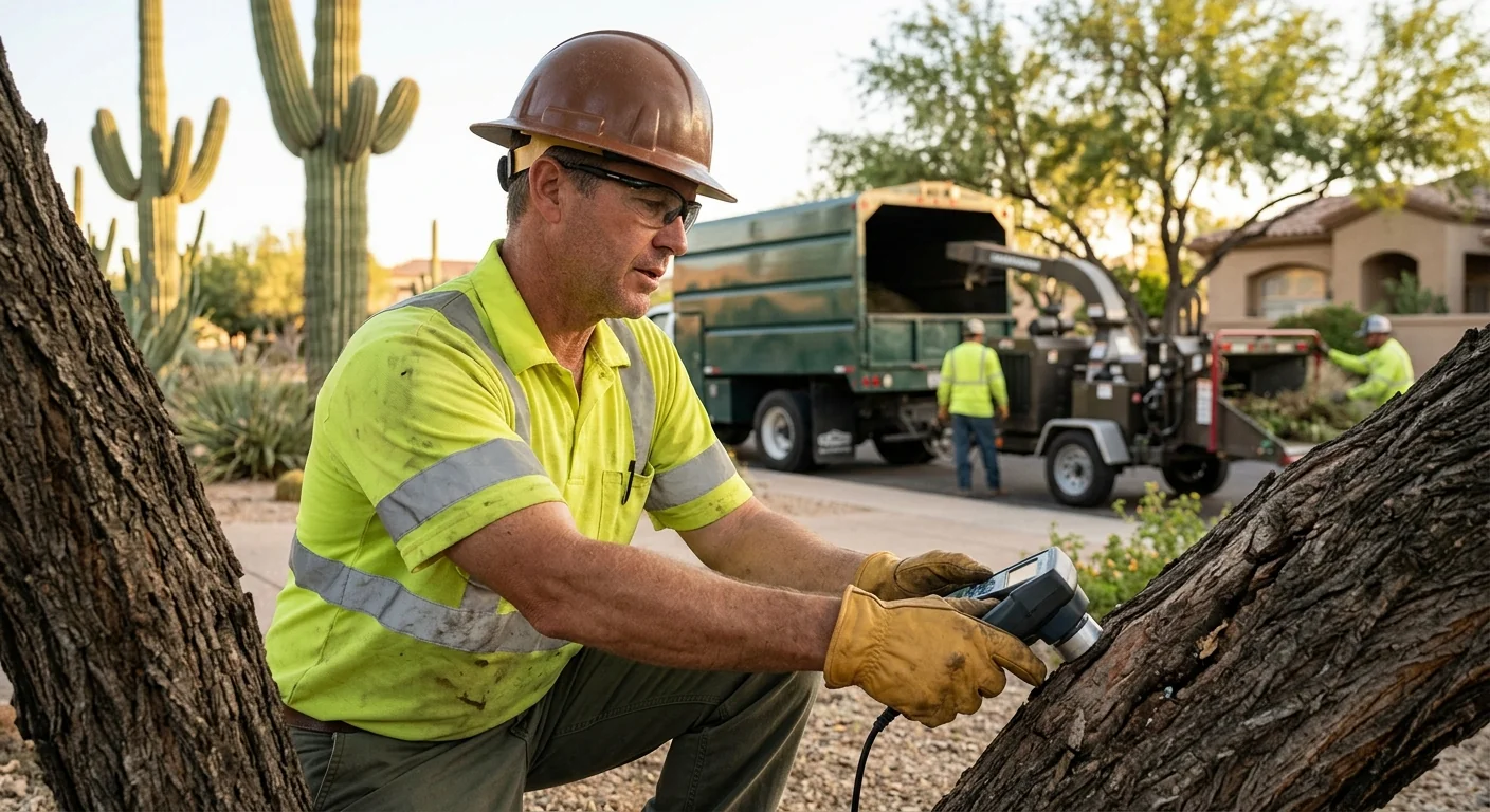 Arborist inspecting a split trunk after a storm