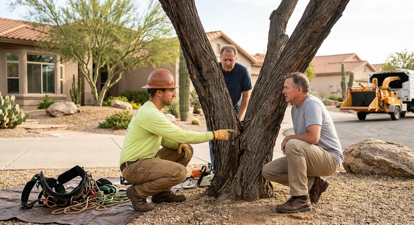 Arborist rigging a leaning desert tree for controlled removal near a Fountain Hills home