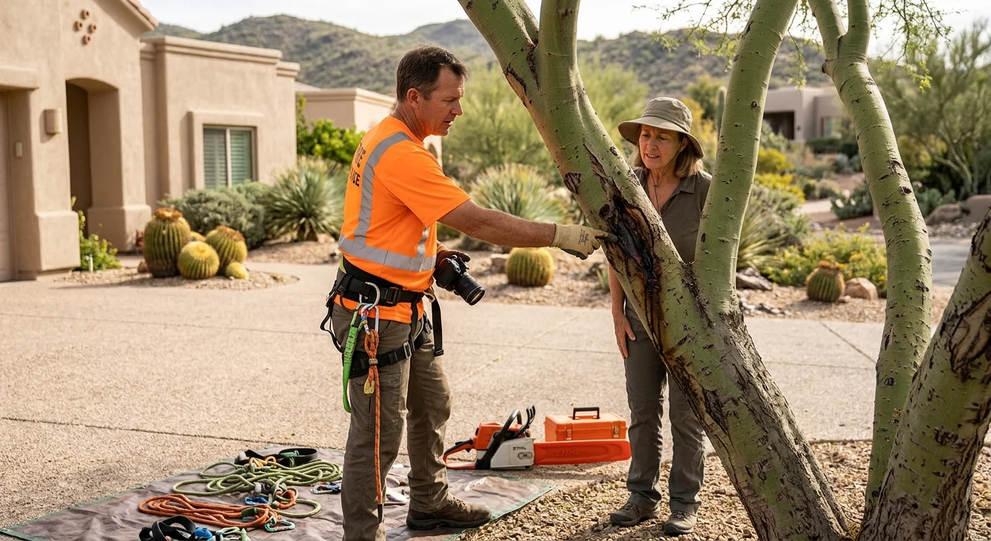Cracked leaning trunk with root plate lifting beside a Fountain Hills home