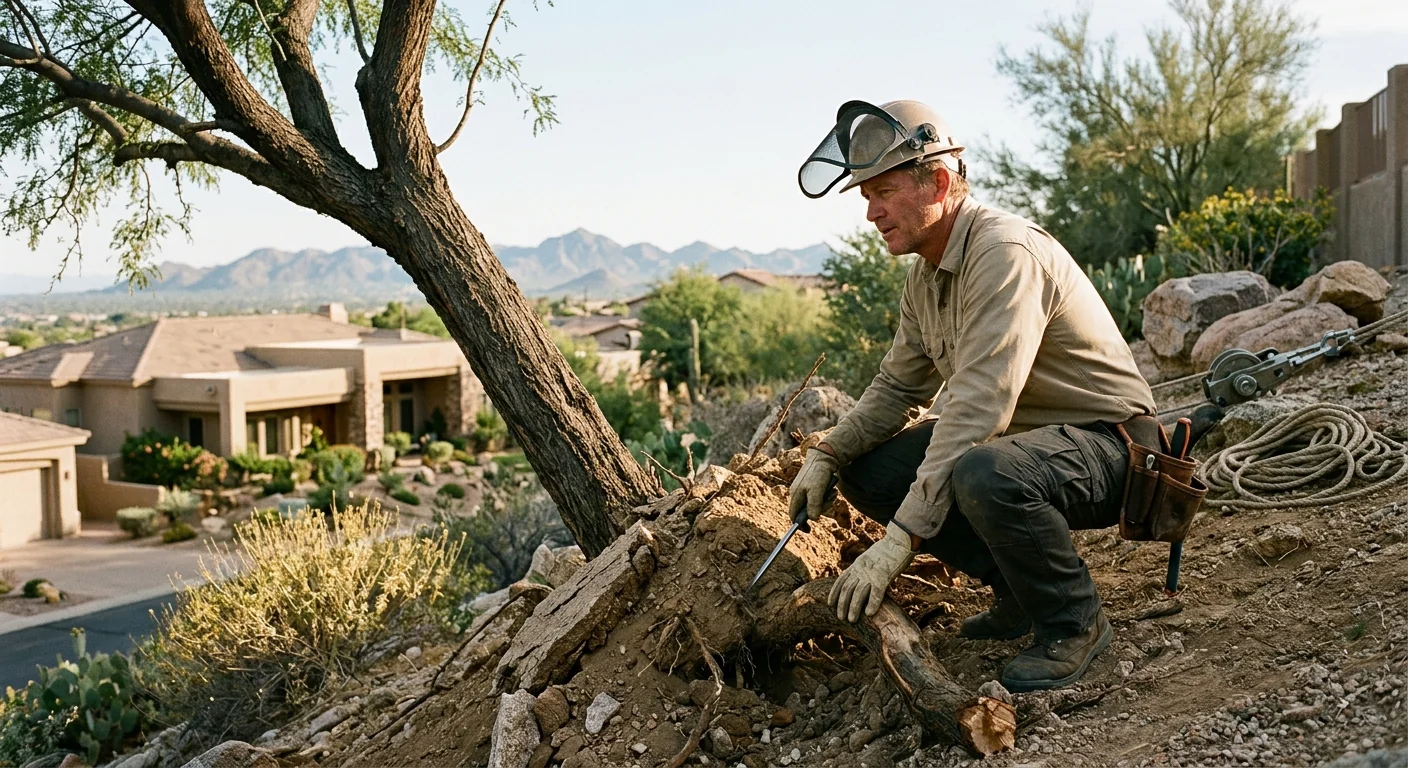 Arborist inspecting a leaning mesquite with lifted root plate on a Fountain Hills hillside lot