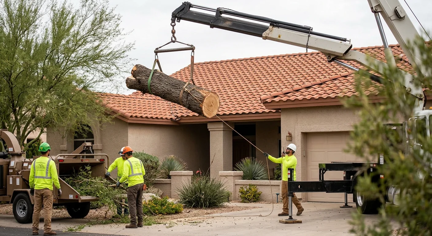 Crane lifting a large cut trunk section away from a residential roofline during removal