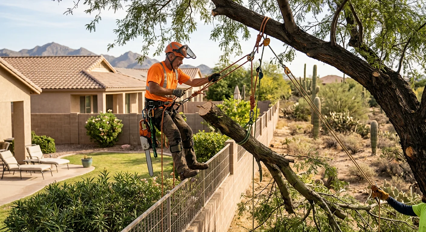 Climber using rigging ropes to lower a heavy limb over a fenced backyard