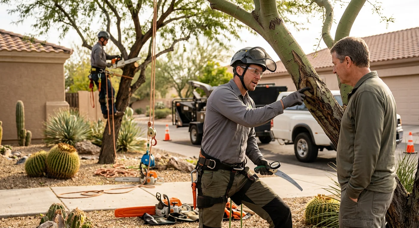 Crew safely dismantling a hazardous tree section over a Fountain Hills yard