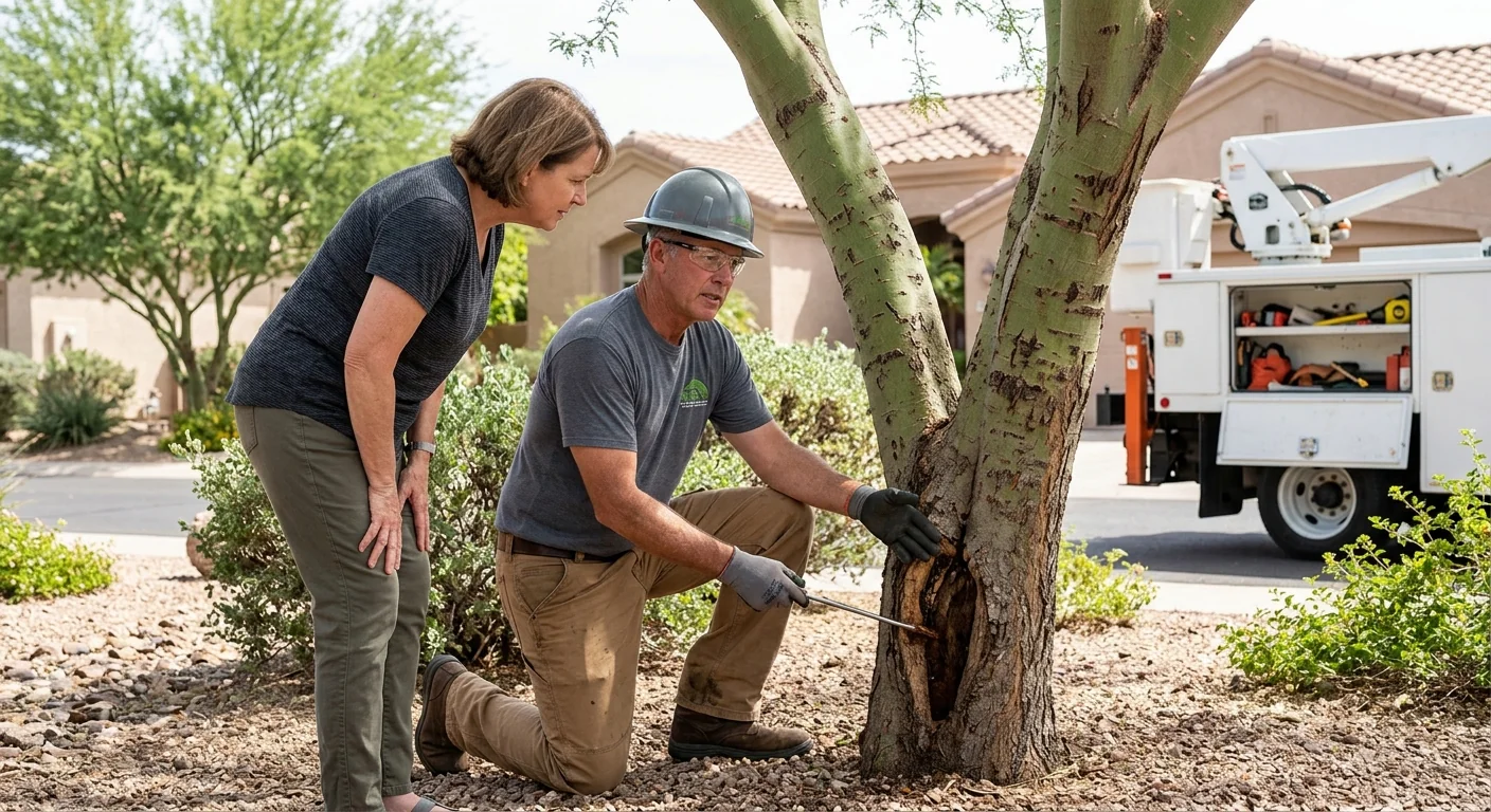 Arborist inspecting a cracked trunk union for failure risk