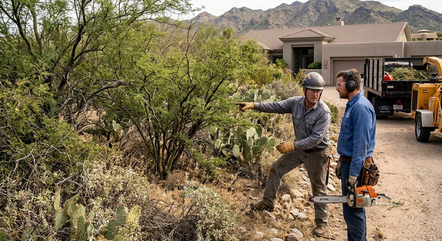 Overgrown residential lot in Fountain Hills before brush and mesquite clearing begins