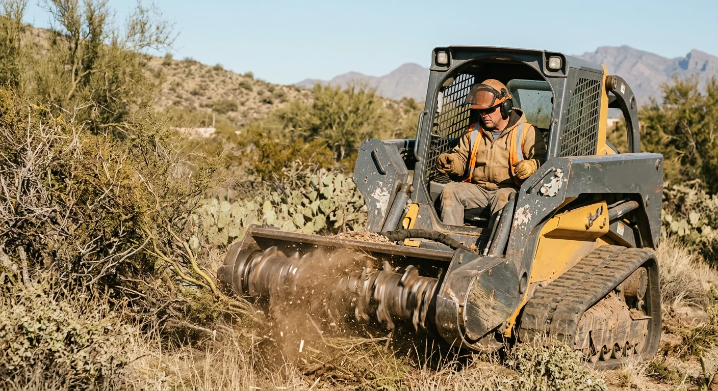 Skid steer with forestry mulching head grinding dense brush on a desert lot