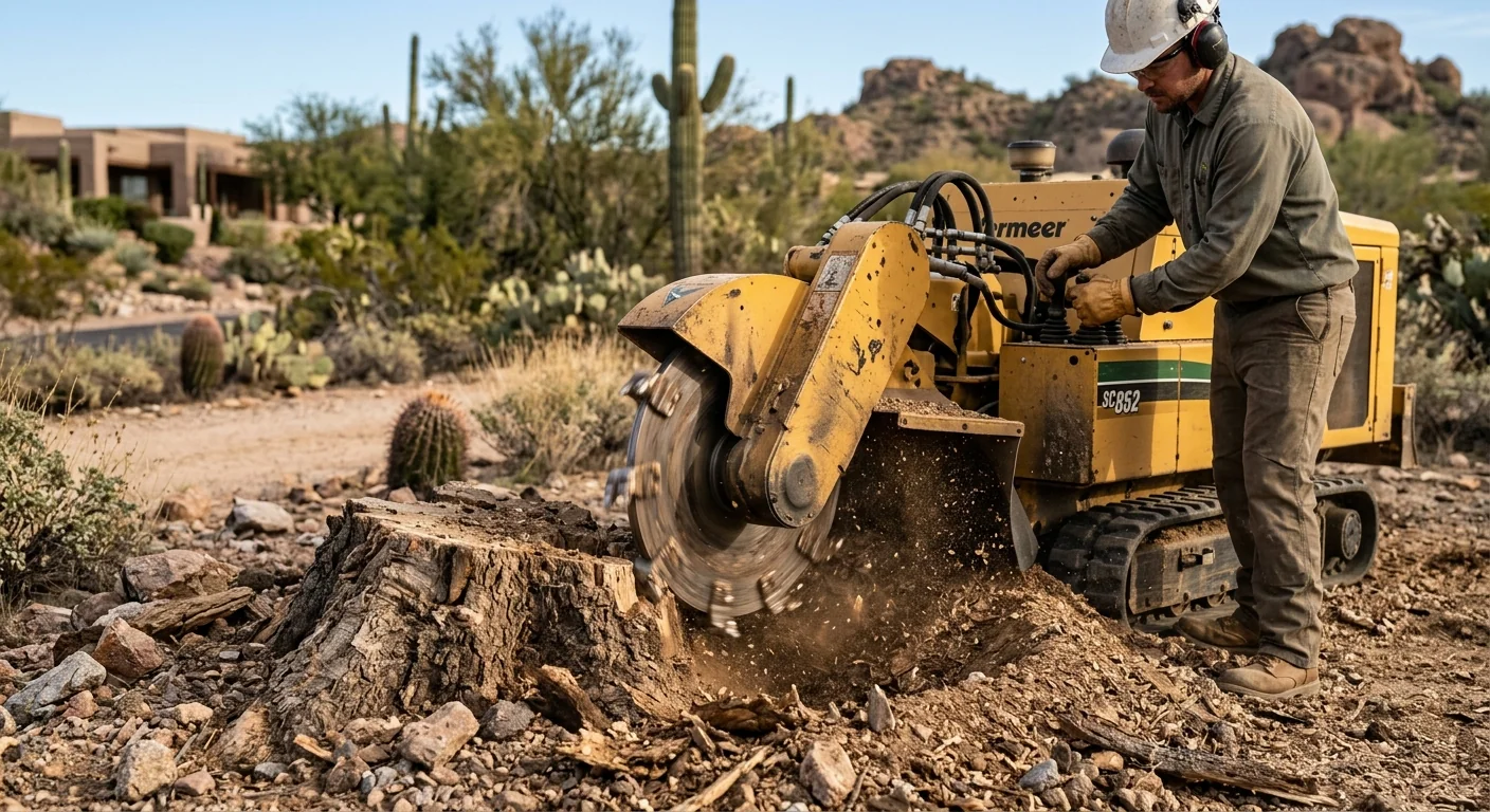 Close-up of stump grinder reducing a mesquite stump below grade
