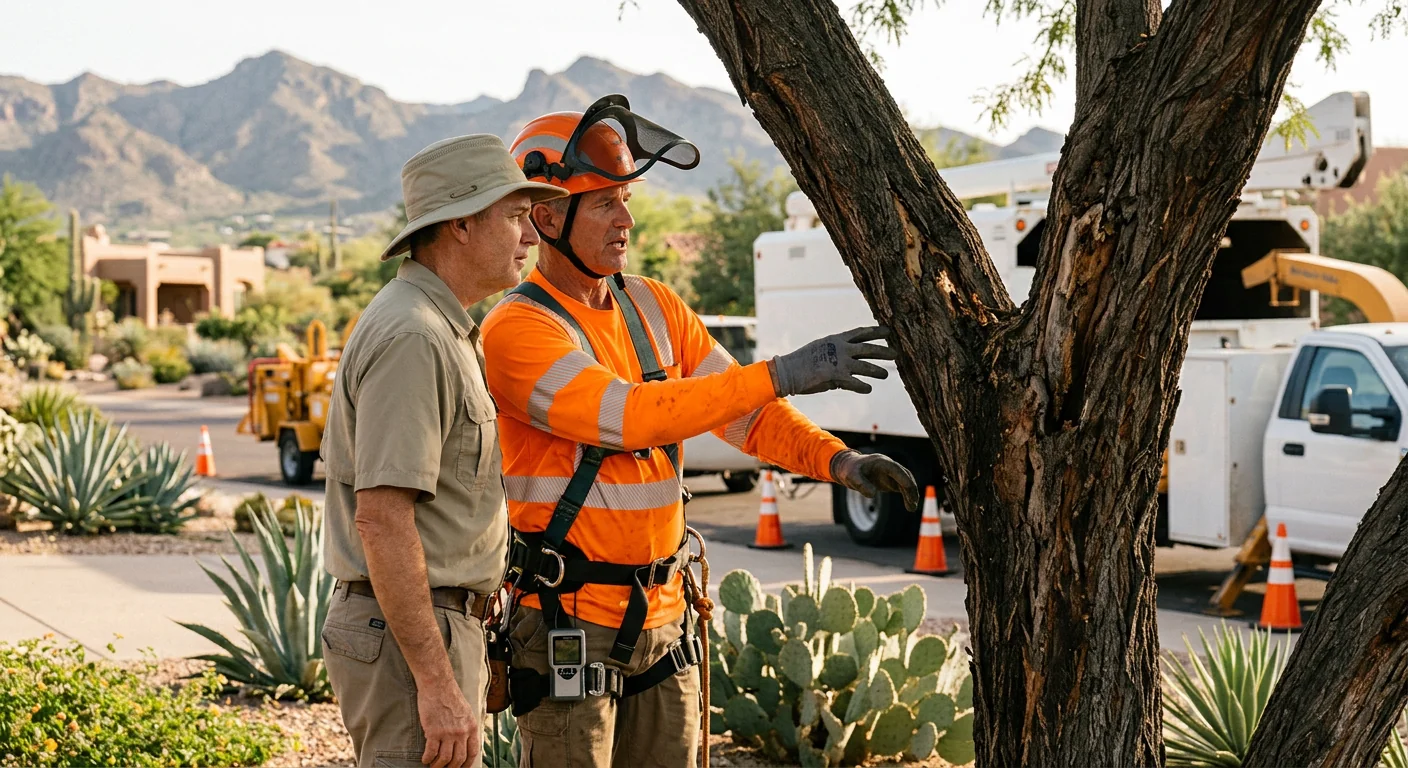 Operator grinding a tree stump on a desert property