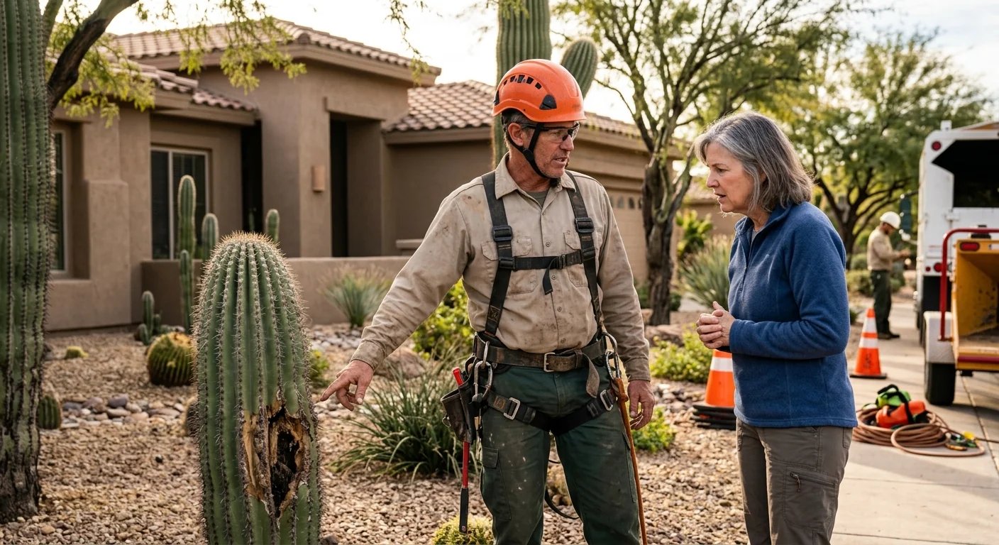Crew clearing fallen storm-damaged tree limbs from a Fountain Hills residential yard