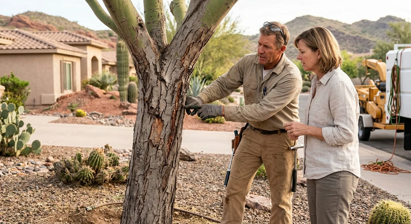 Split mesquite trunk and downed limbs after monsoon winds in Fountain Hills