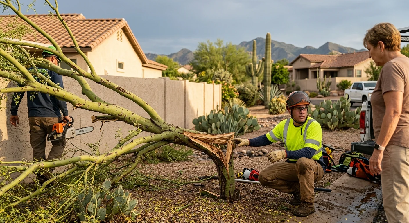 Fallen palo verde limb resting across a desert backyard after a monsoon storm