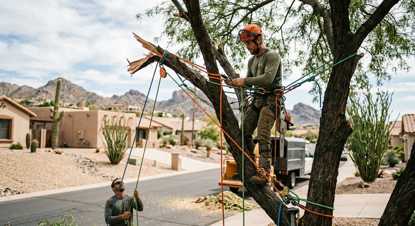 Arborist rigging a broken leader with ropes during storm cleanup in Fountain Hills