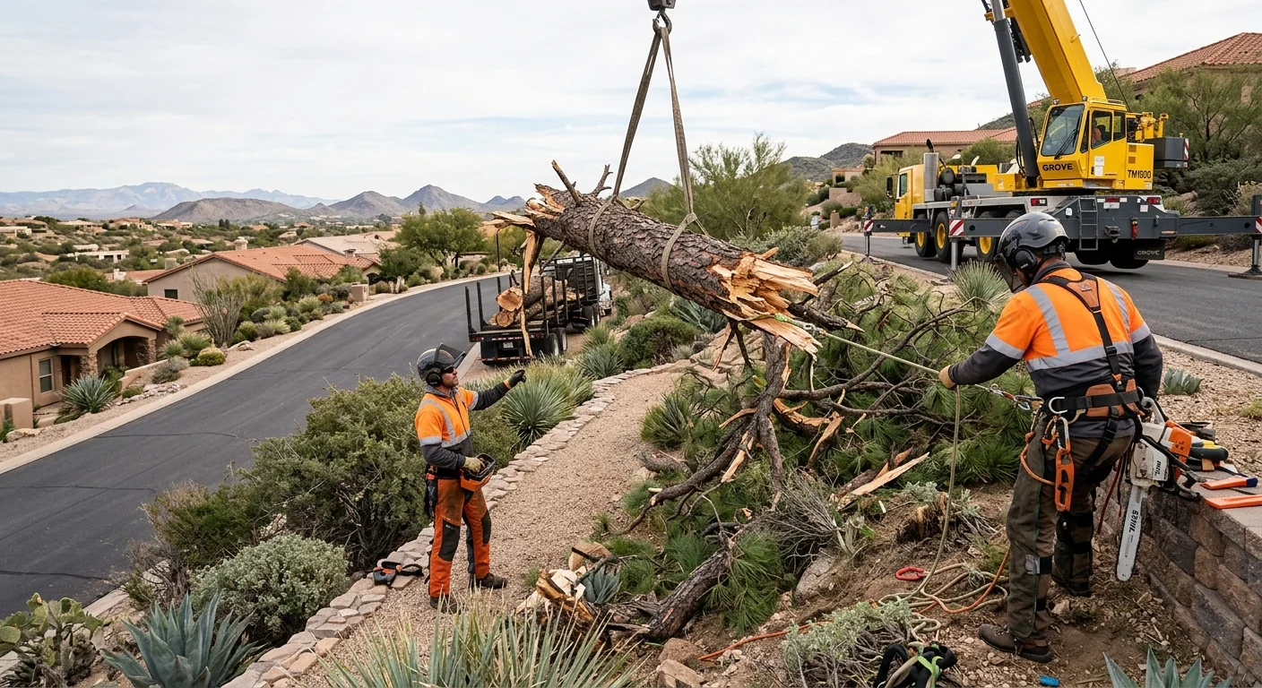 Crane lifting a large storm-damaged tree section over a hillside property