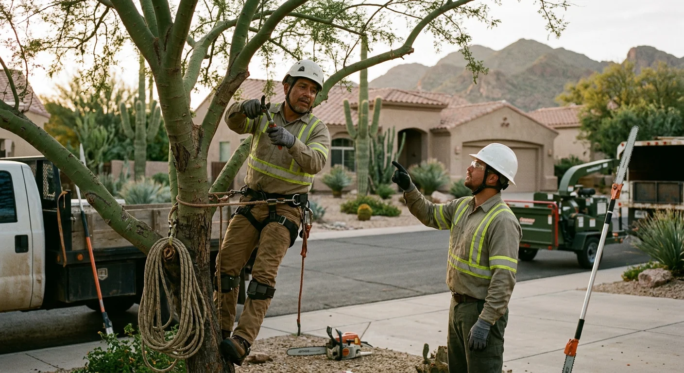 Arborist inspecting a storm-damaged tree for structural cracks in Fountain Hills