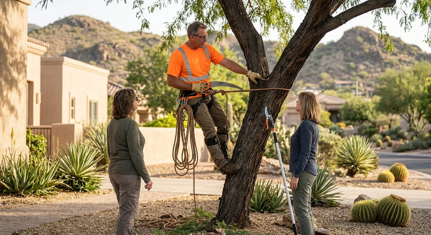 Technician grinding a tree stump below grade in a Fountain Hills backyard