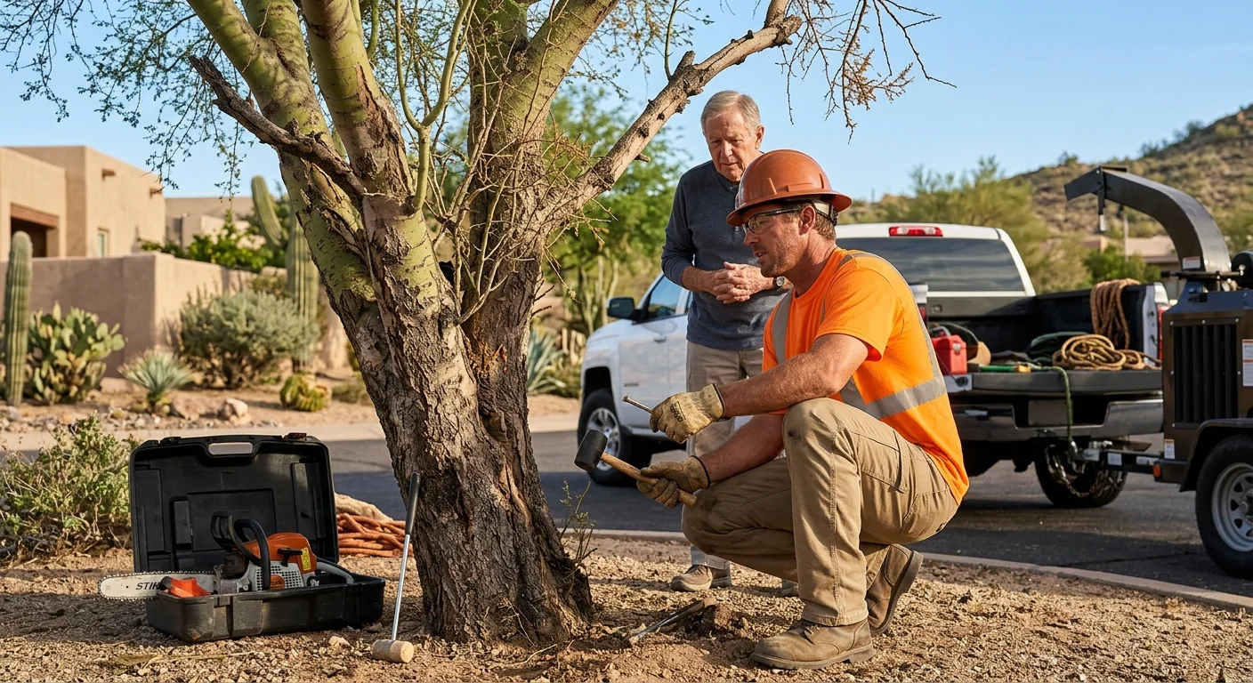 Stump grinder reducing a tree stump below grade in a Fountain Hills yard