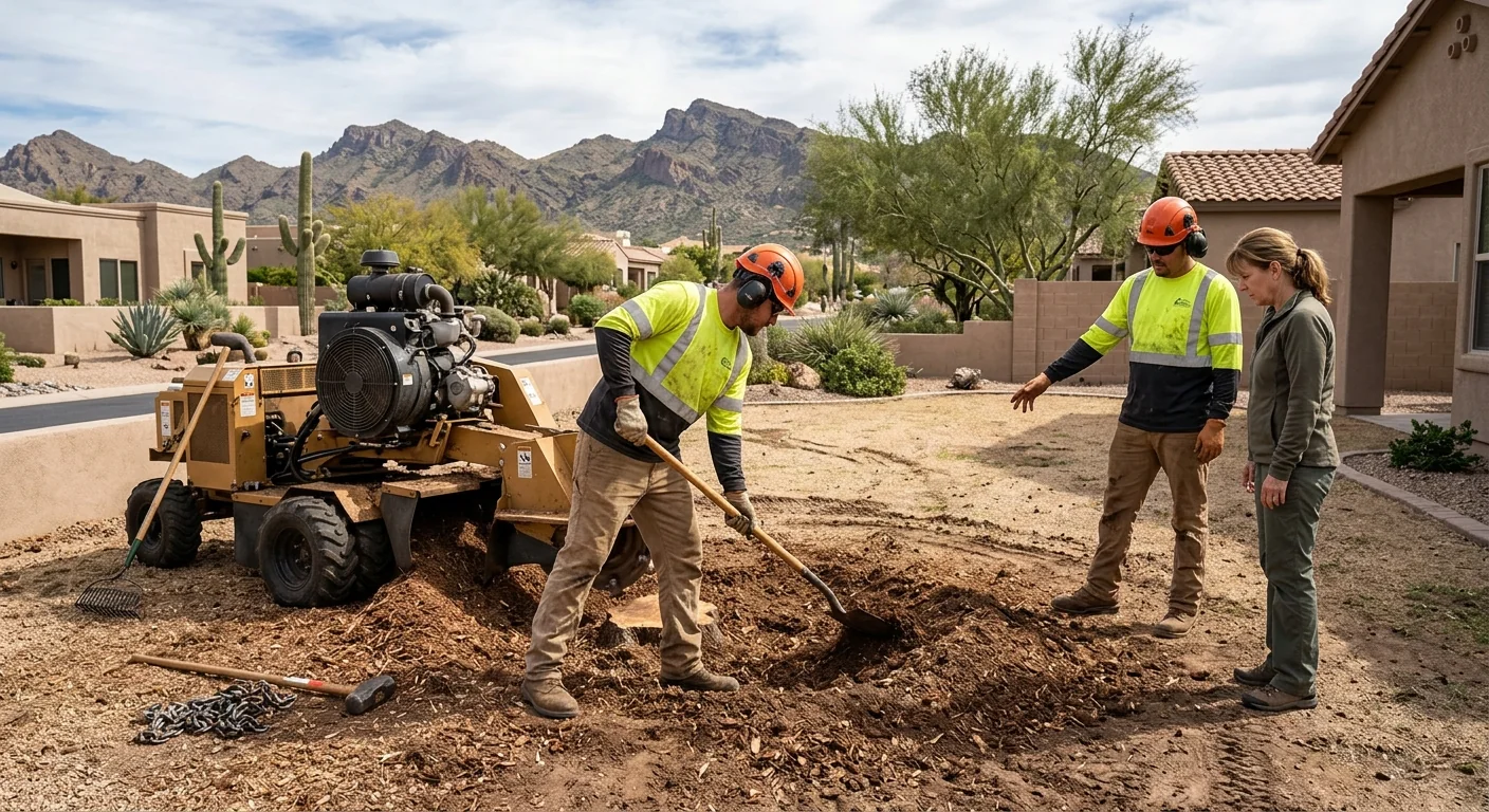 Wide shot of a Fountain Hills backyard cleared of a large stump and root flare