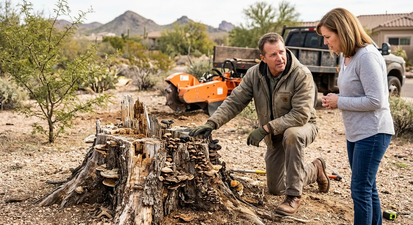 Decaying stump with fungal growth before grinding on a desert lot