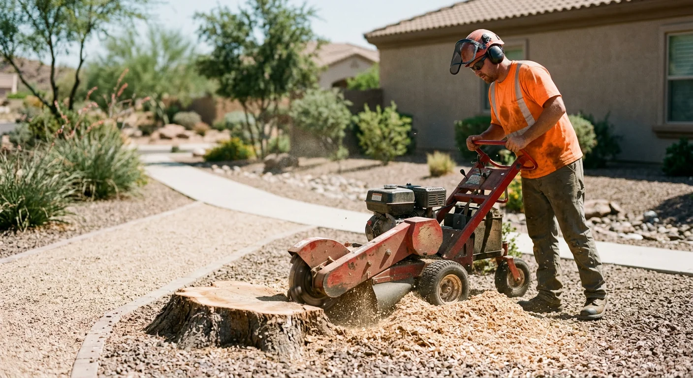 Stump grinder in action producing wood chips beside a gravel walkway