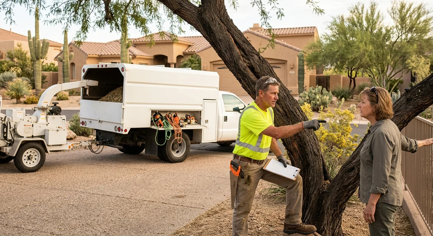 Crew reviewing finished stump grinding work during a walkthrough