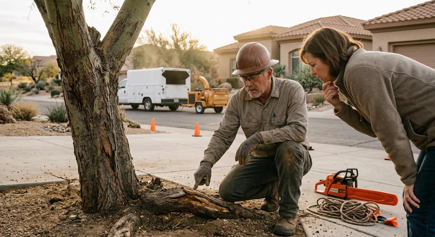 Arborist installing support cable in a mature tree canopy in Fountain Hills