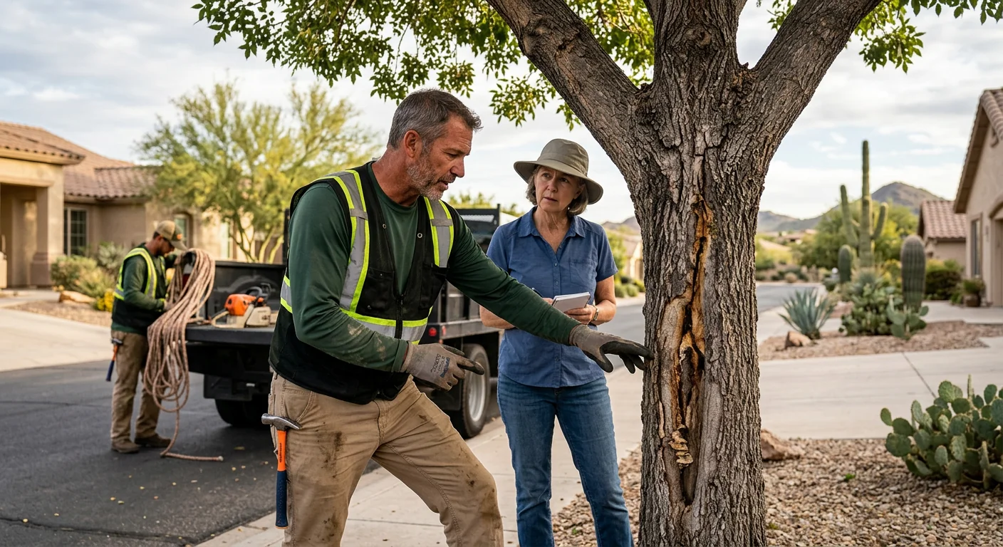 Arborist installing support cable in a mature shade tree canopy in Fountain Hills