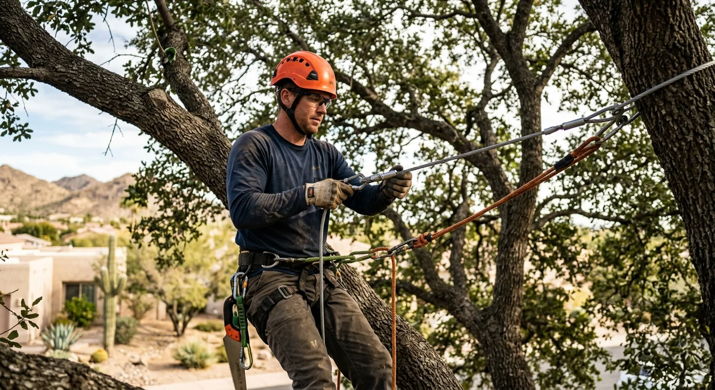 Arborist installing steel support cable high in a mature shade tree canopy