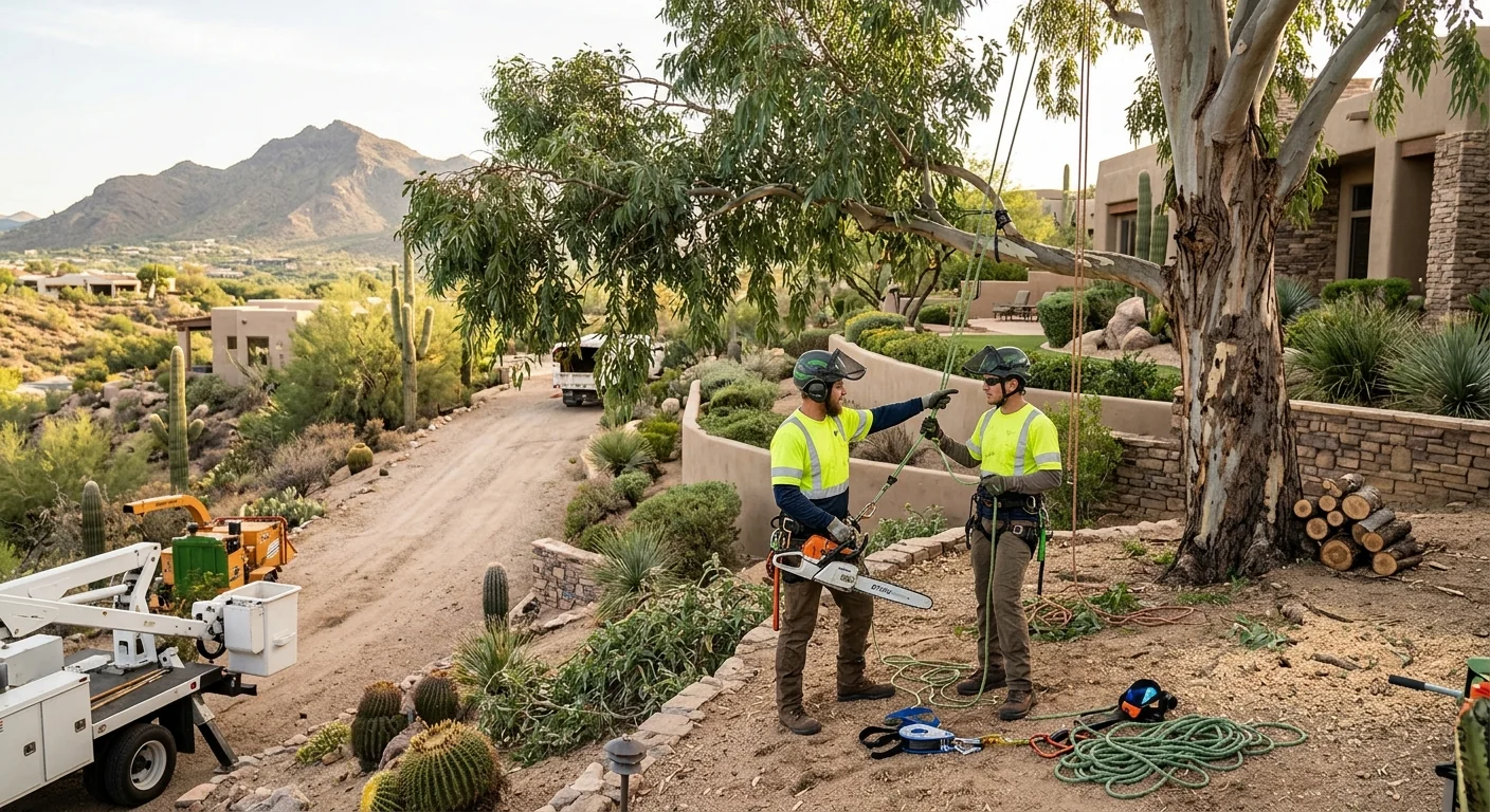 Wide shot of a hillside desert property with a cabled eucalyptus canopy