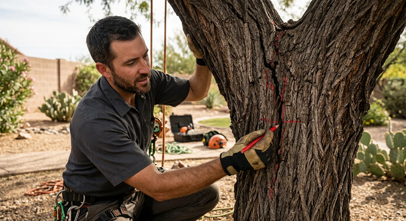 Detail of included bark seam and stress crack marked before bracing installation