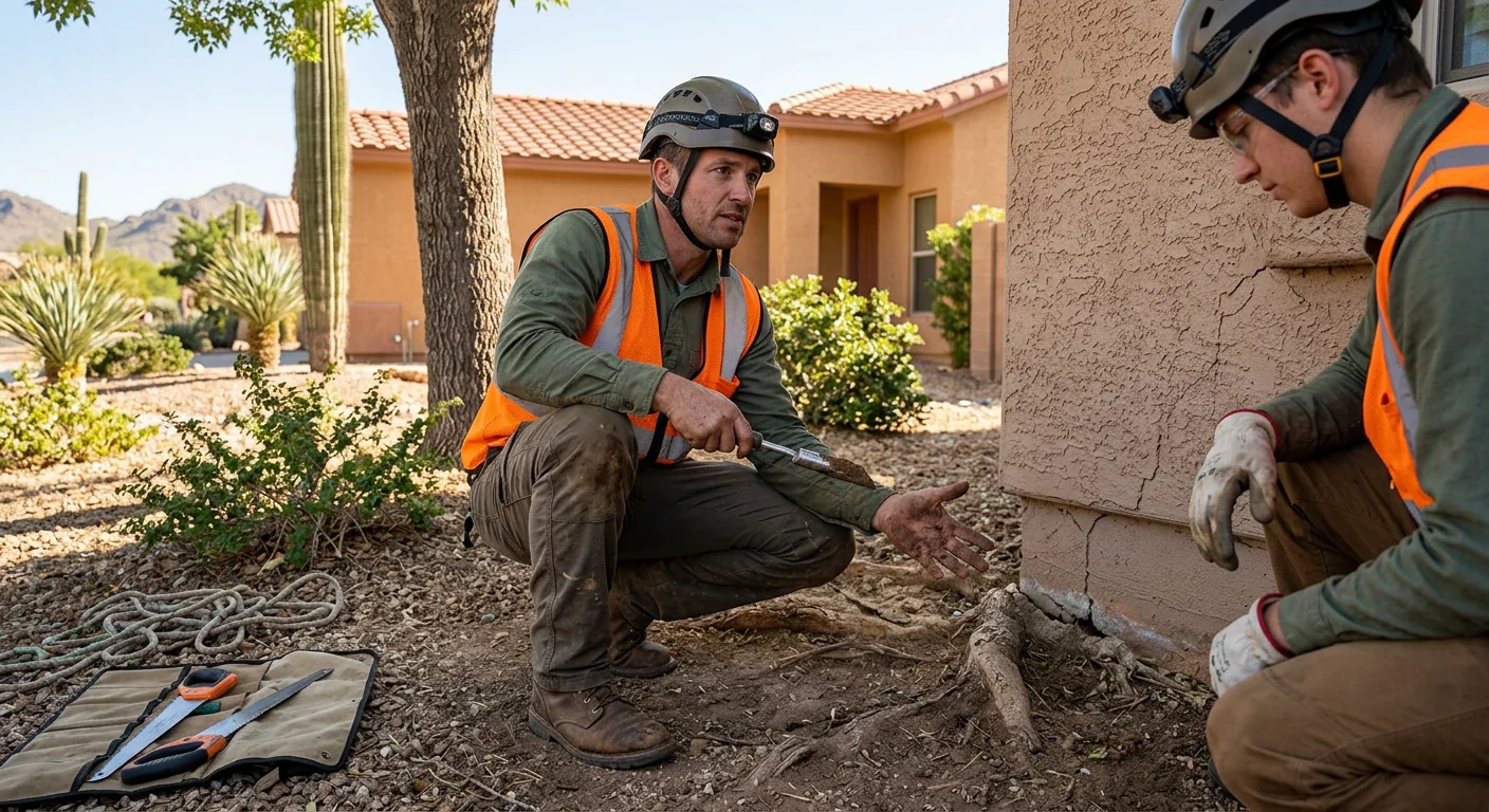 Arborist inspecting a mature desert tree canopy during a property health assessment
