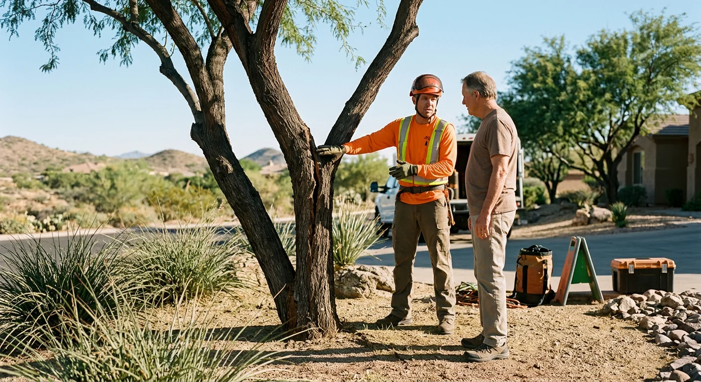 Arborist inspecting the canopy of a mature desert tree in Fountain Hills