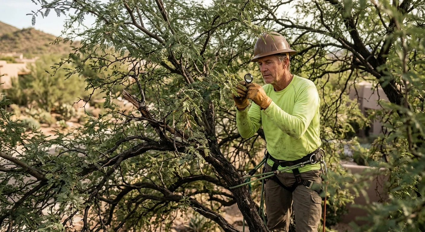 Arborist inspecting a mature mesquite canopy for early signs of decline in Fountain Hills