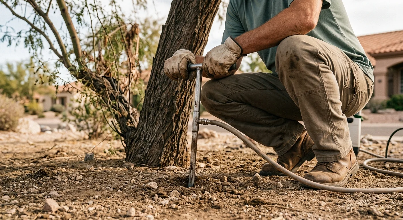 Close-up of deep-root fertilization probe treating soil around a stressed desert tree